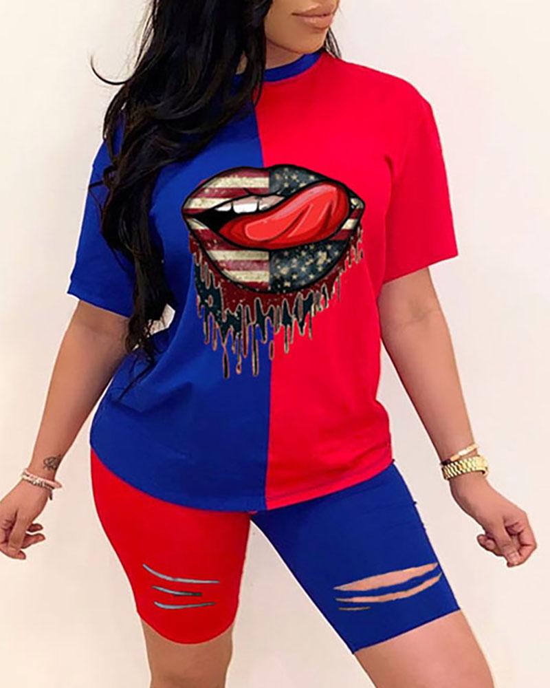 

Mouth Print Colorblock Top & Cutout Shorts Set, Blue