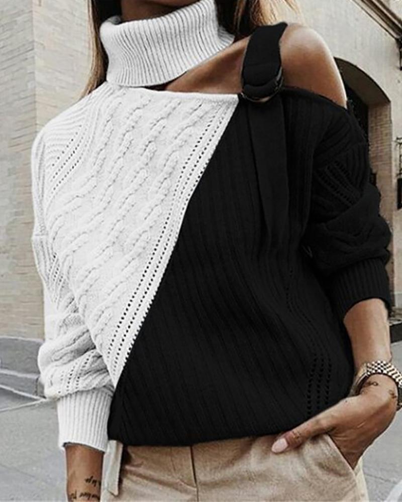 

One Shoulder Colorblock Cut Out Knit Sweater, Black