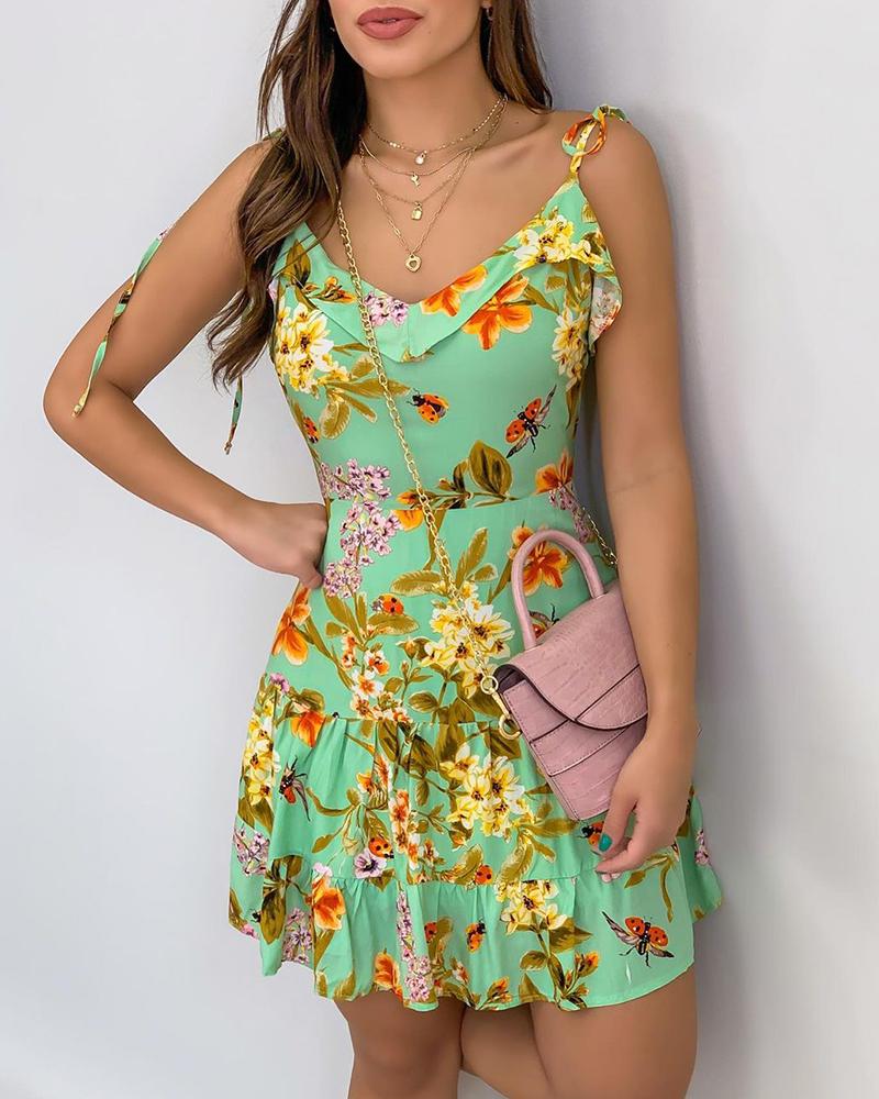 

Floral Print Ruffles Casual Dress, Green