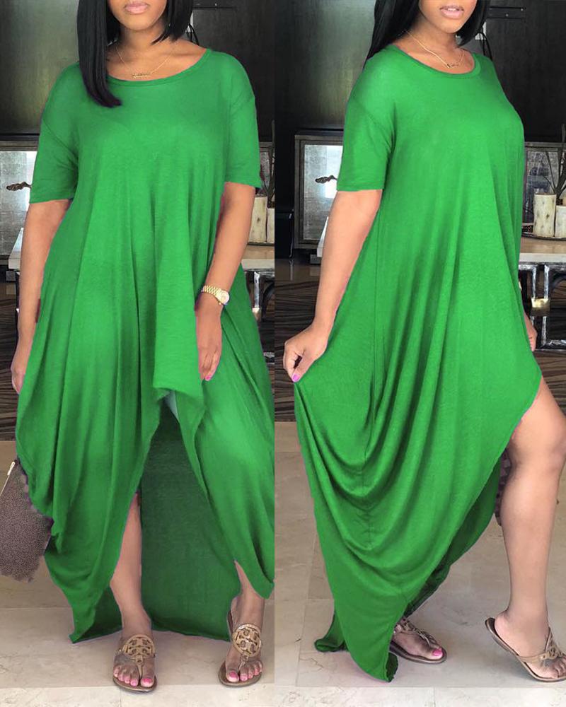 

Solid Ruched Dip Hem Irregular Loose Dress, Green