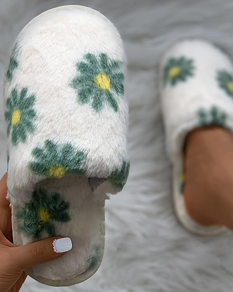 

Daisy Print Close Toe Fluffy Slippers, Green