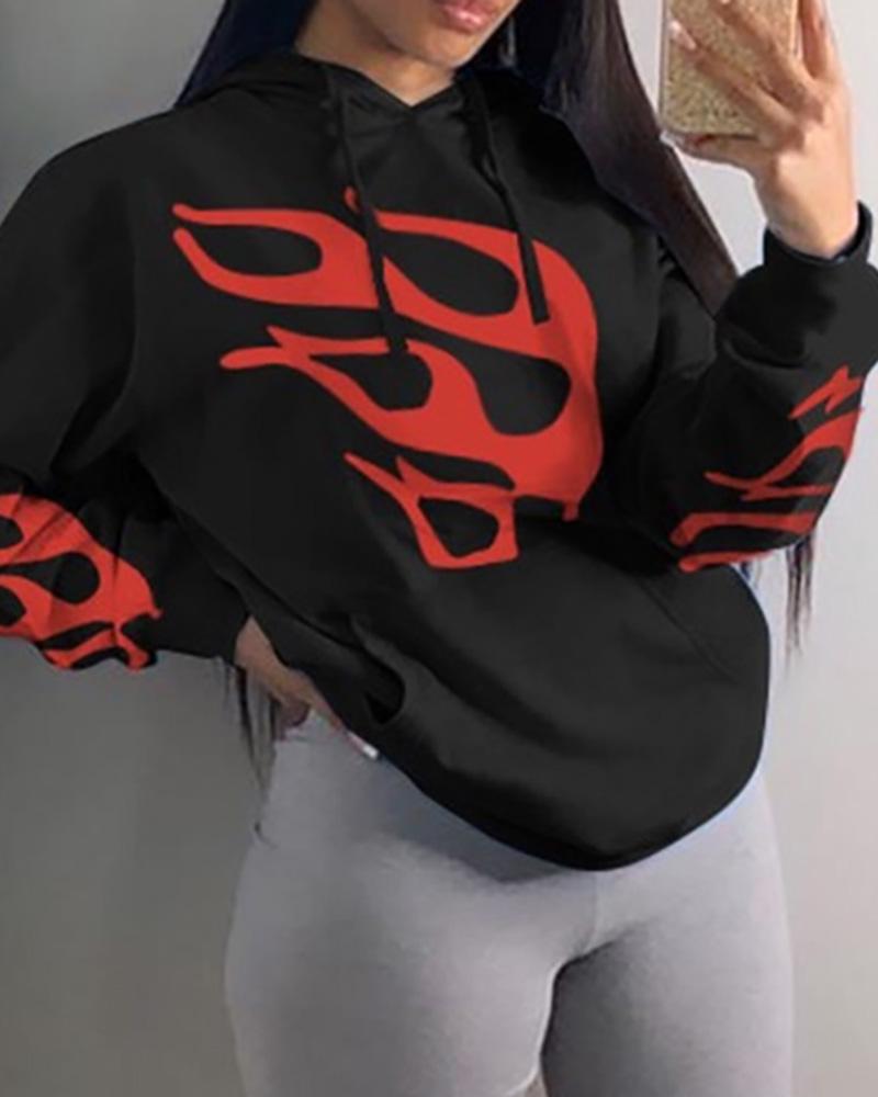 

Fire Print Pocket Design Casual Hoodie, Black
