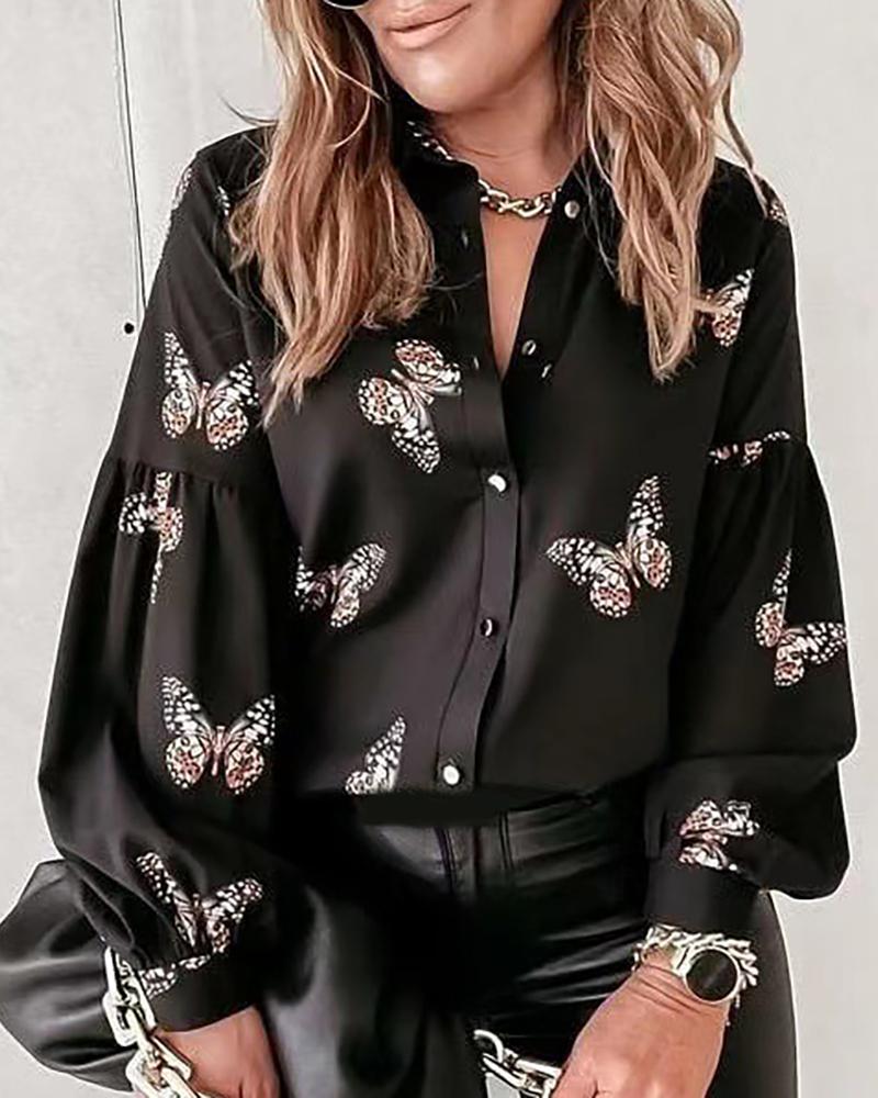 

Buttoned Pockets Heart / Butterfly / Graphic Print Shirt, Black