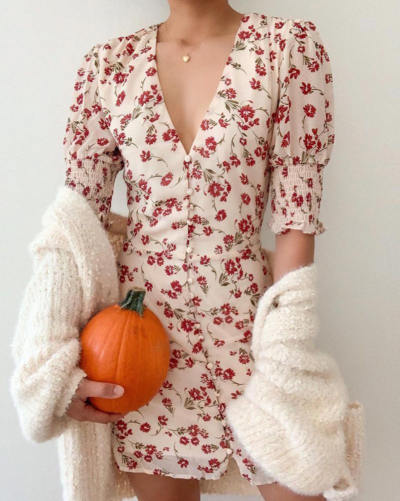

V Neck Floral Print Short Sleeve Button Design Dress, Beige