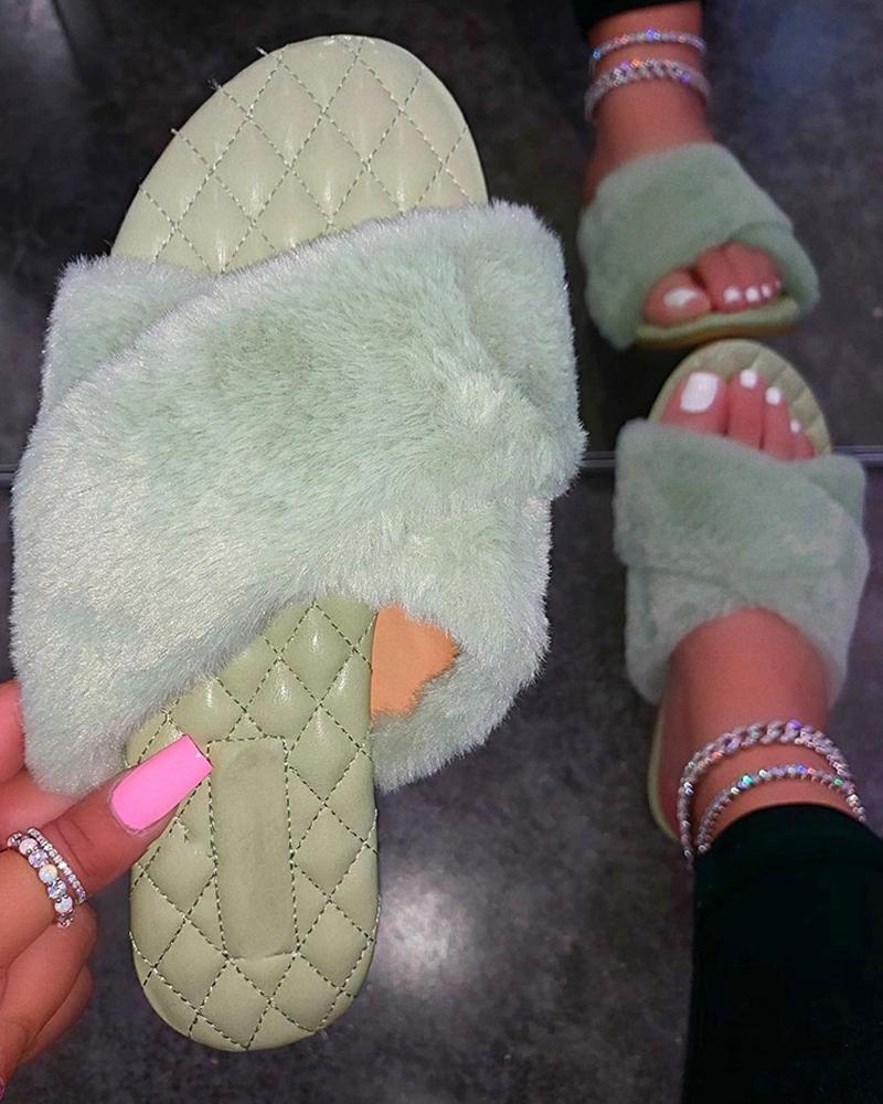 

Quilted Cross Fluffy Slippers, Green