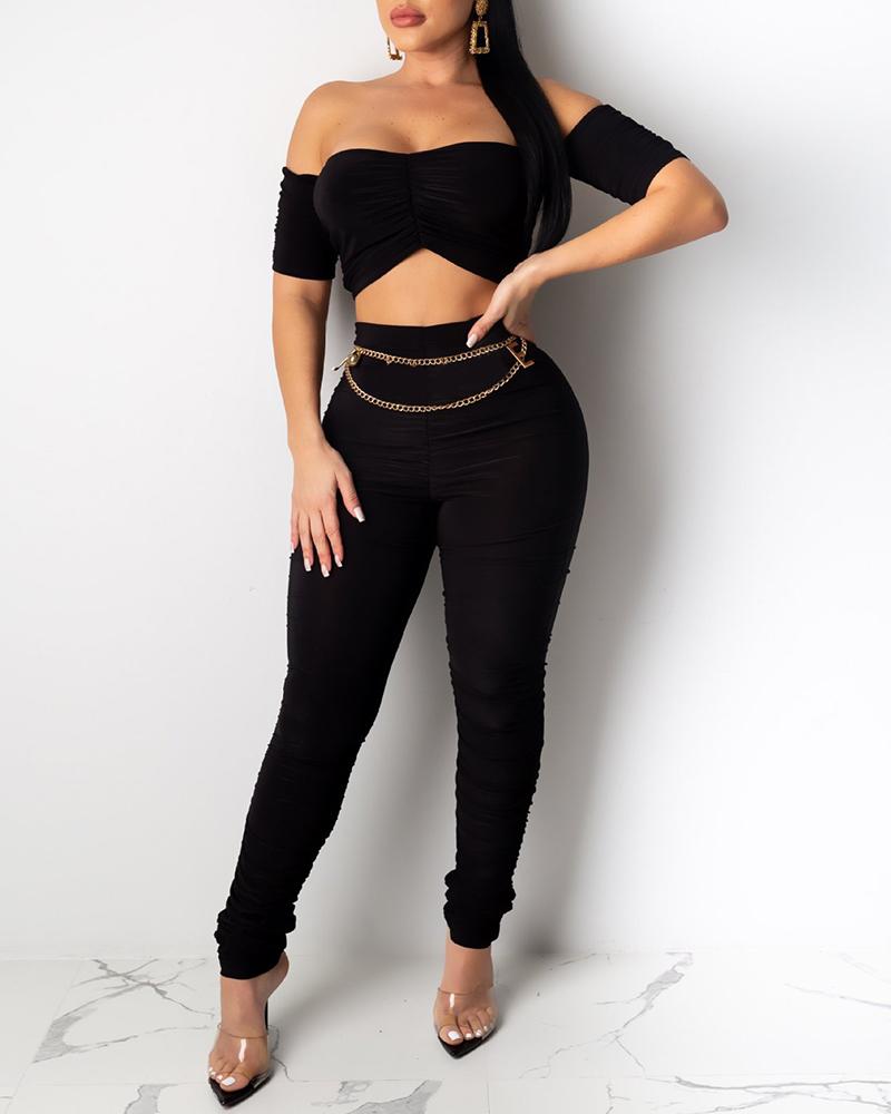 

Solid Ruched Tube Crop Women Top & Pant Sets, Black