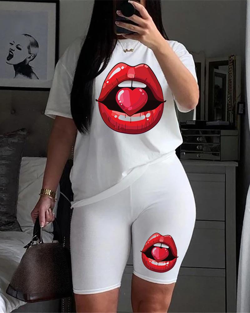 

Colorful Lip Print T-shirt & High Waist Shorts Set, Style5