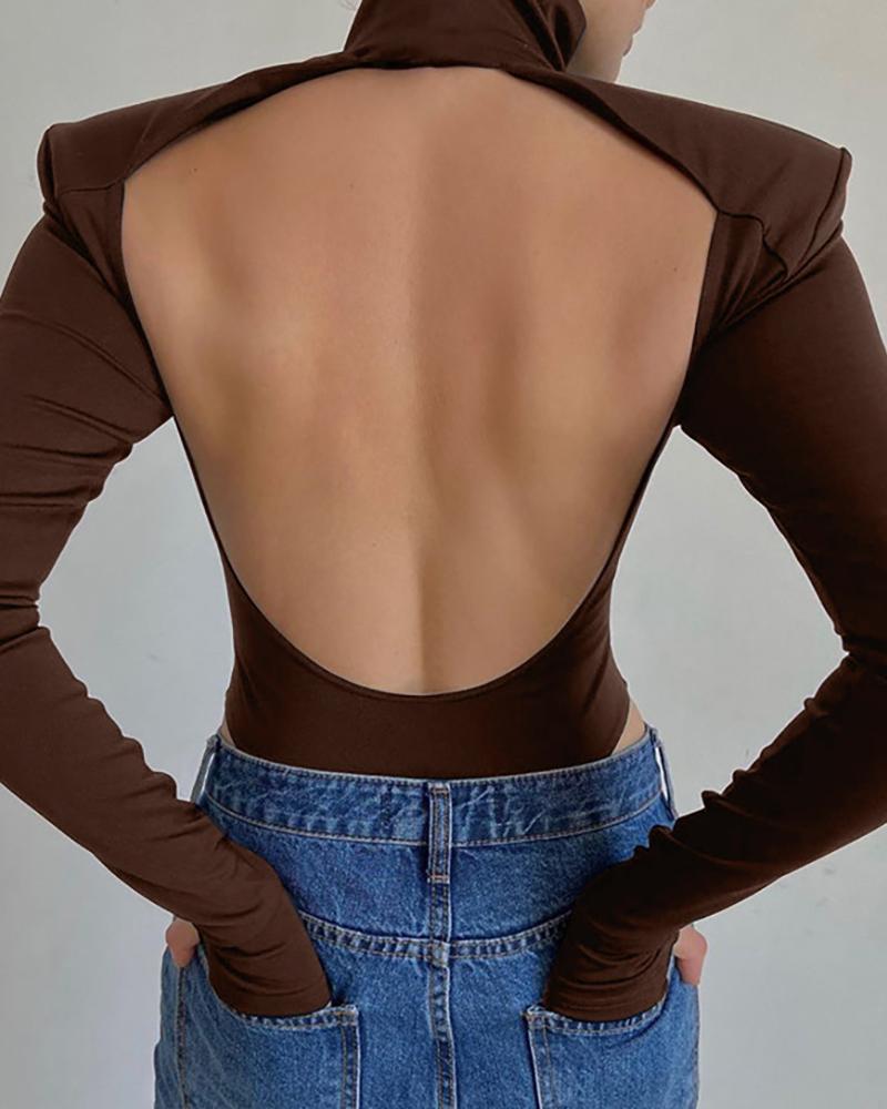 

Plain Backless Long Sleeeve Bodysuit, Coffee