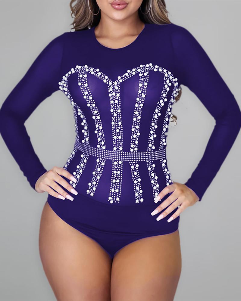 

Studded Beaded Long Sleeve Skinny Bodysuit, Blue