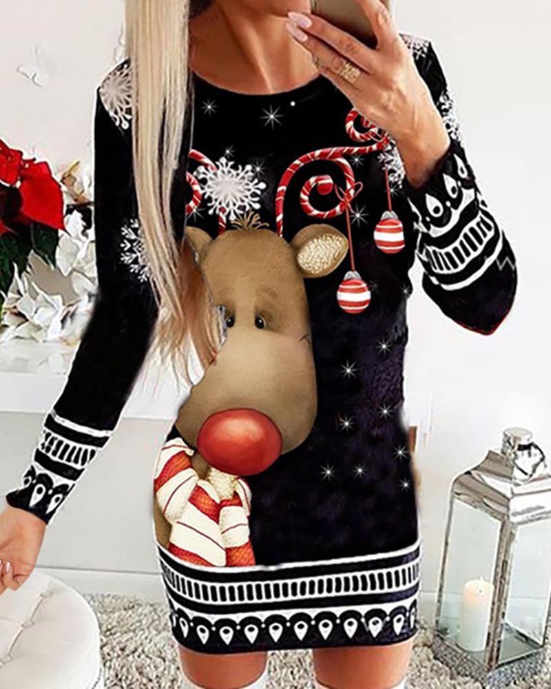 

Christmas Mixed Print Long Sleeve Dress, Style1