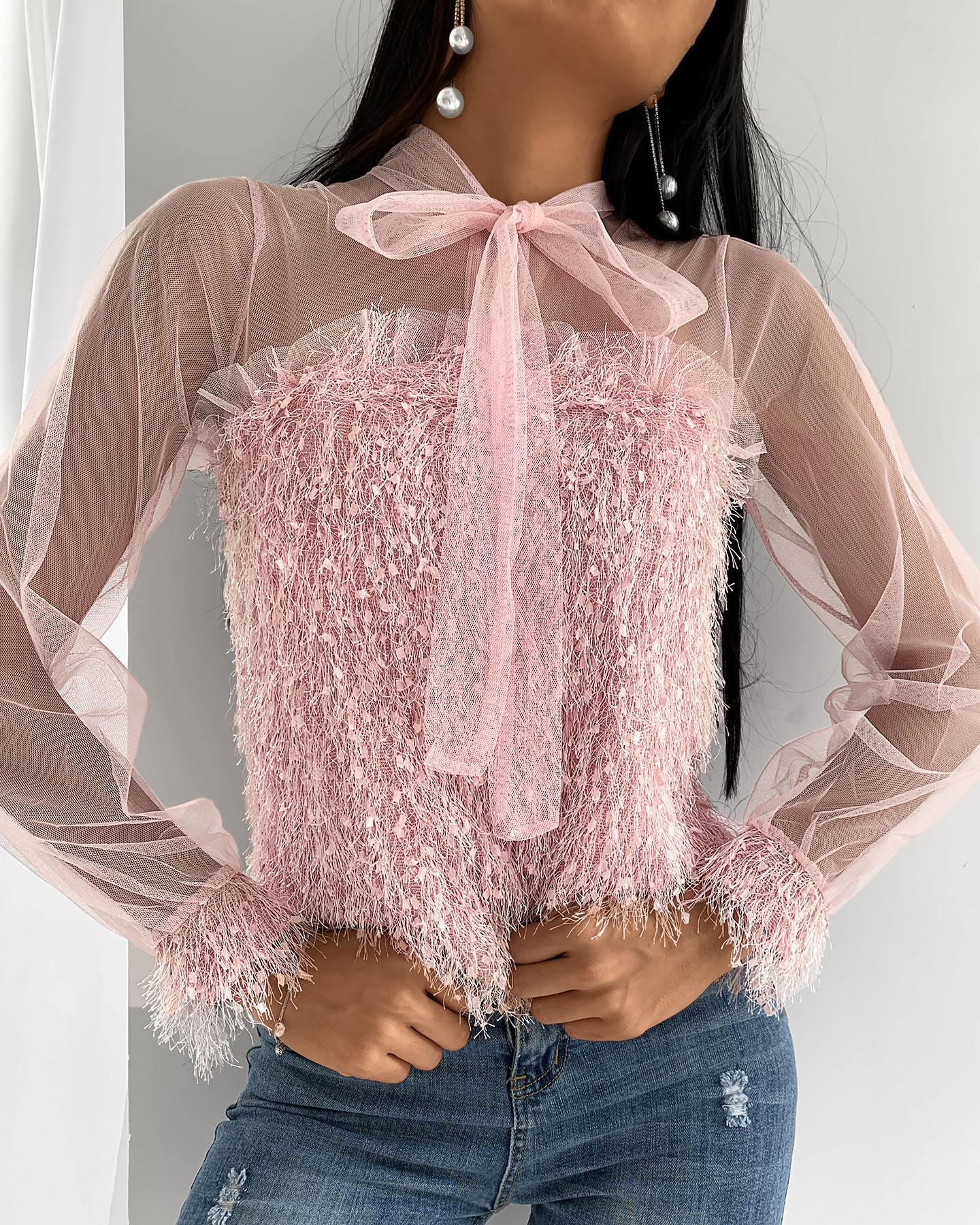 

Fluffy Sheer Mesh Tie Front Long Sleeve Top, Pink