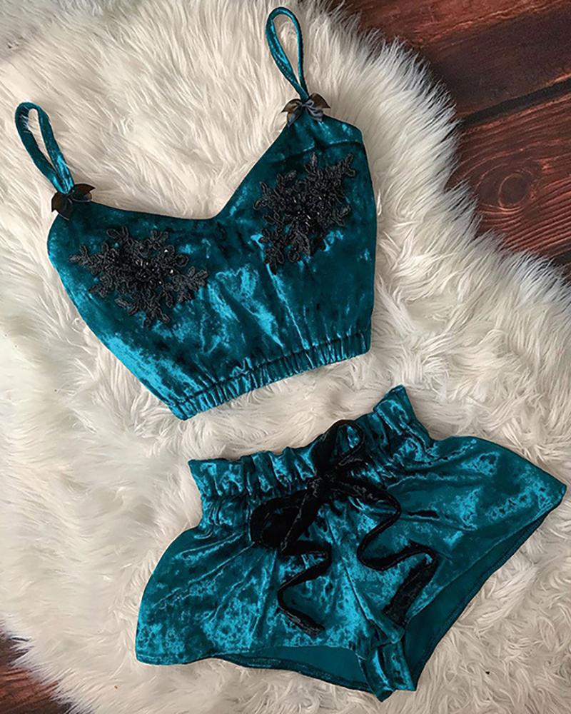 

Guipure Lace Bowknot Decor Velvet Cami Set, Dark green