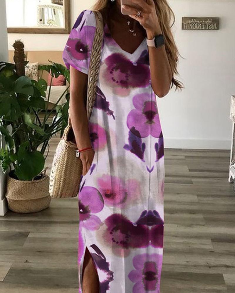 

Floral Print Short Sleeve Slit Loose Midi Dress, Purple