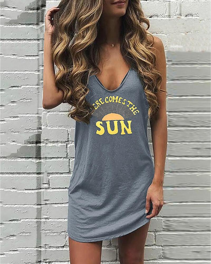 

V Neck Letter Print Sleeveless Casual Dress, Gray