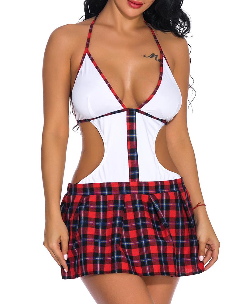 

Halter Backless Tartan Schoolgirl Costume & Thong, Blue