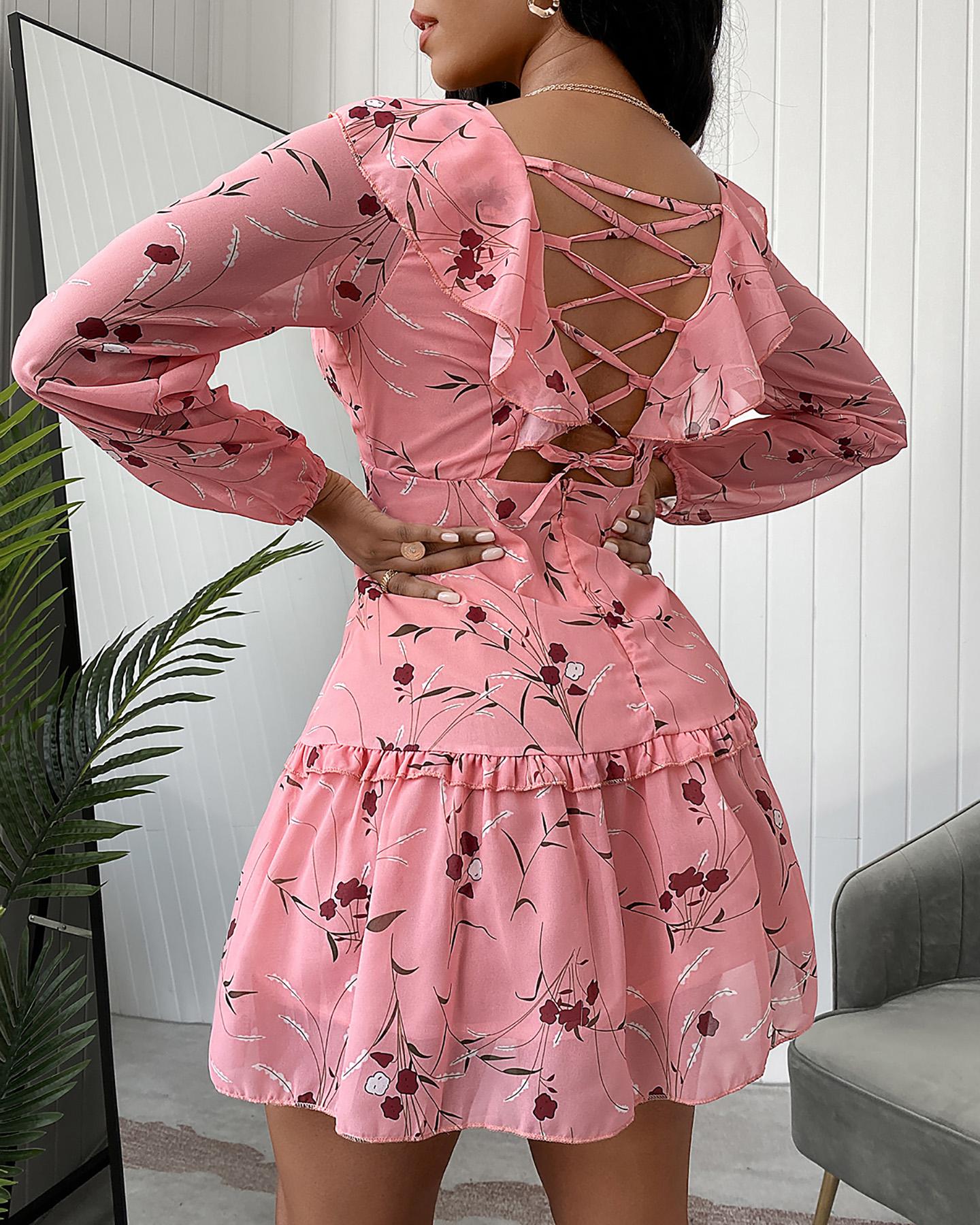 

Floral Lantern Sleeve Cut-out Ruffles Women Dress, Pink