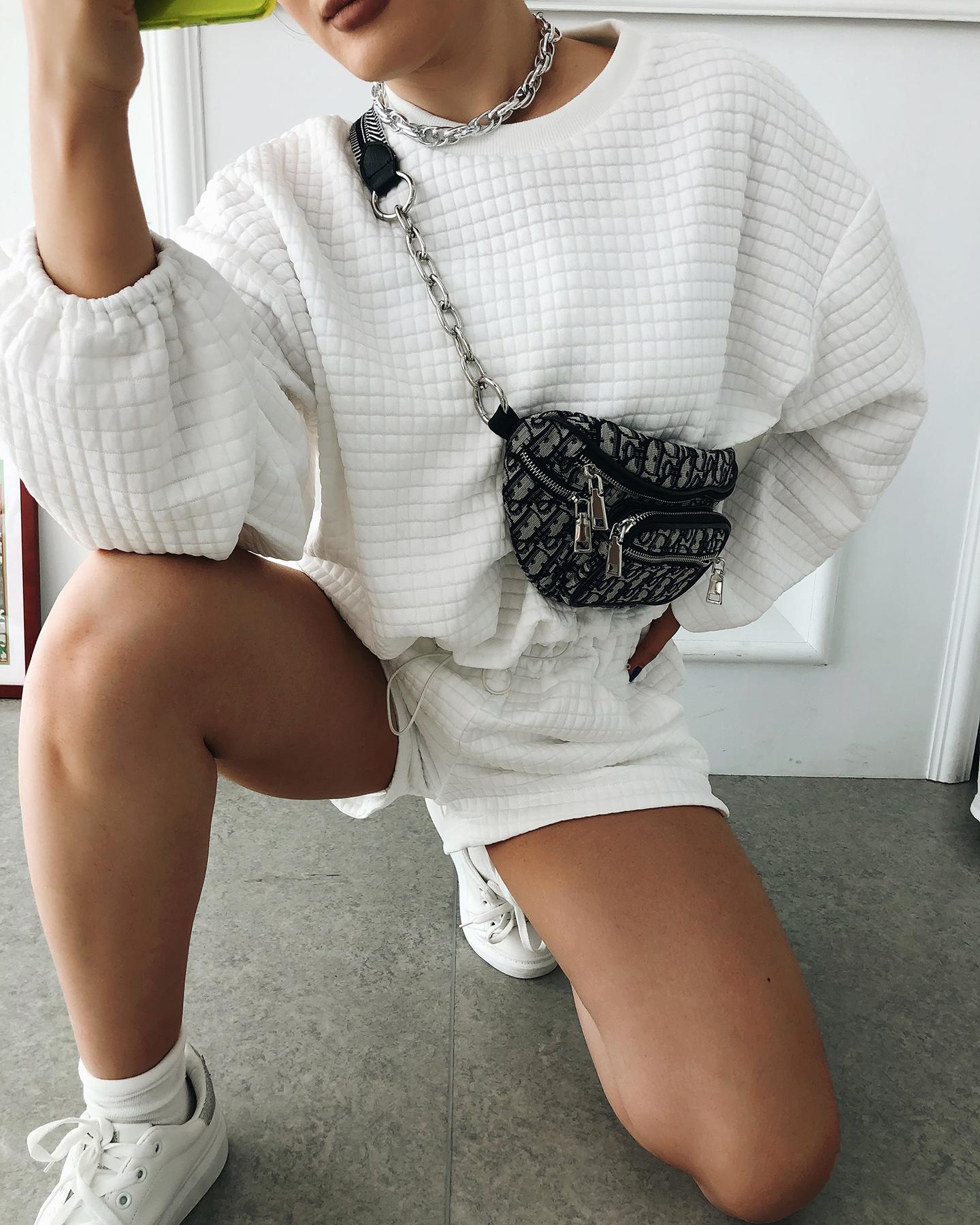 

Textured Lantern Sleeve Top & Drawstring Shorts Set, White