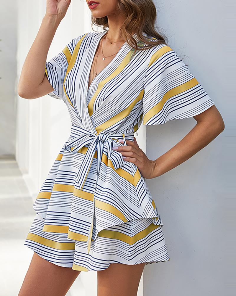 

Striped Colorblock Open Back Casual Romper, Yellow