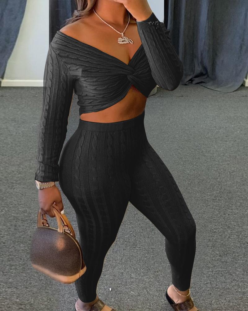 

Cable Knit Ribbed Twisted Crop Top & Pants Set, Black