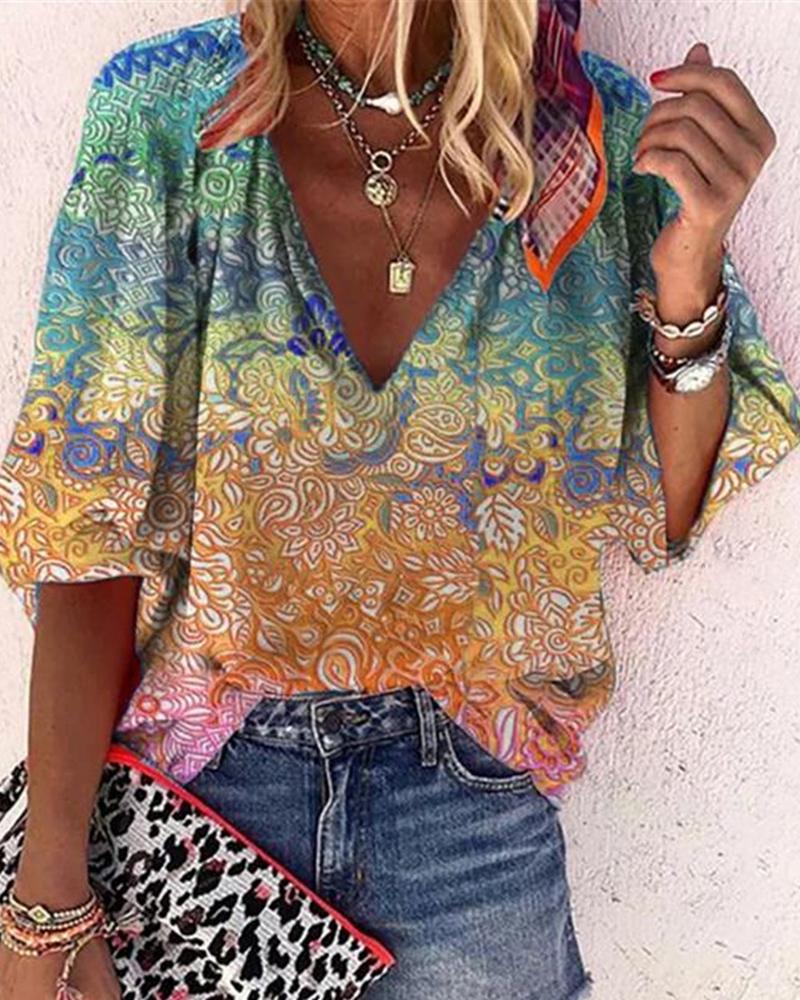 

Floral Print Colorblock Long Sleeve Top, Yellow