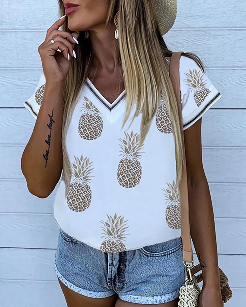 

Palm Leaf/Pineapple/Fox/Tree Print Casual Women Top, Style2