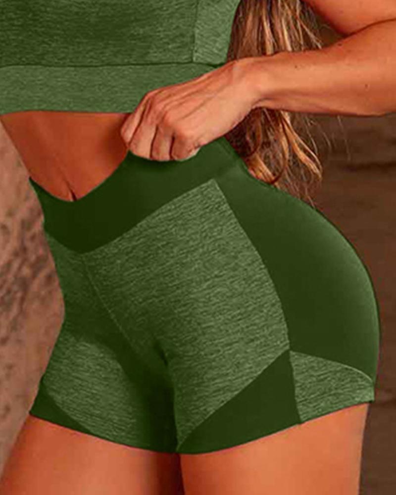 

Colorblock Skinny High Elastic High Waist Shorts, Army green
