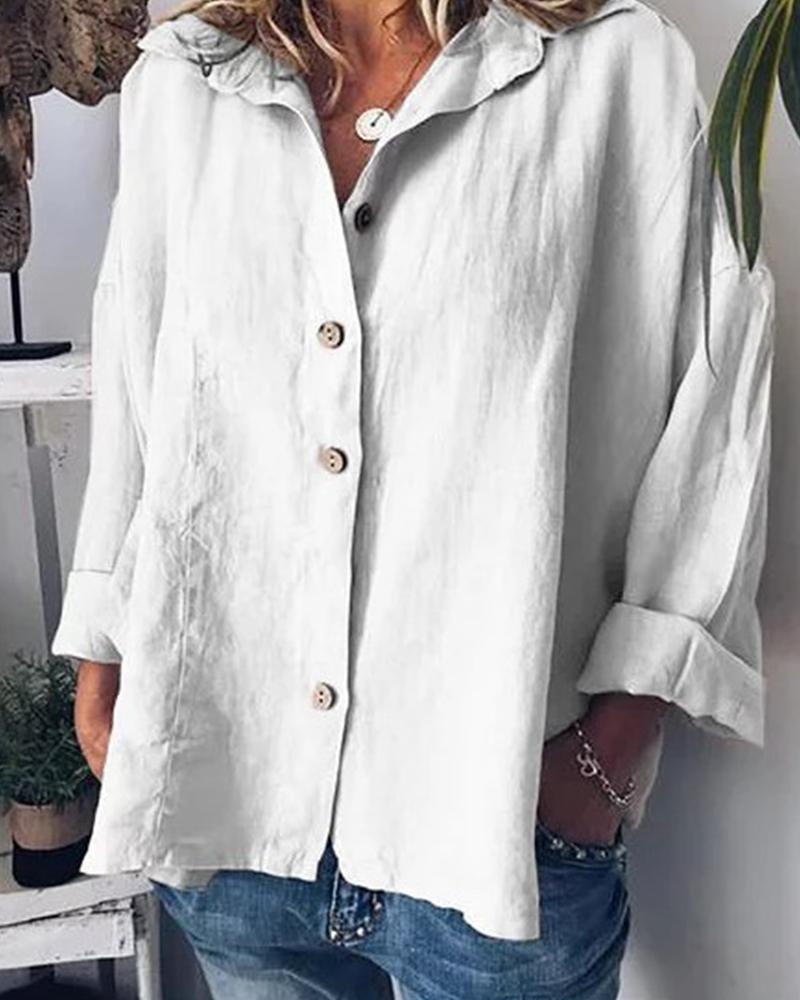 

Solid Button Batwing Stand Collar T-shirt, White