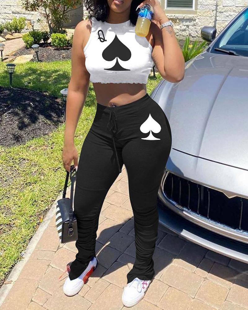 

Poker Print Crop Top & Pants Set, White