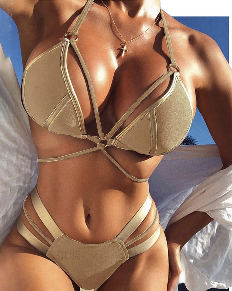 

Contrast Piping Bandage Bikini Set, Nude