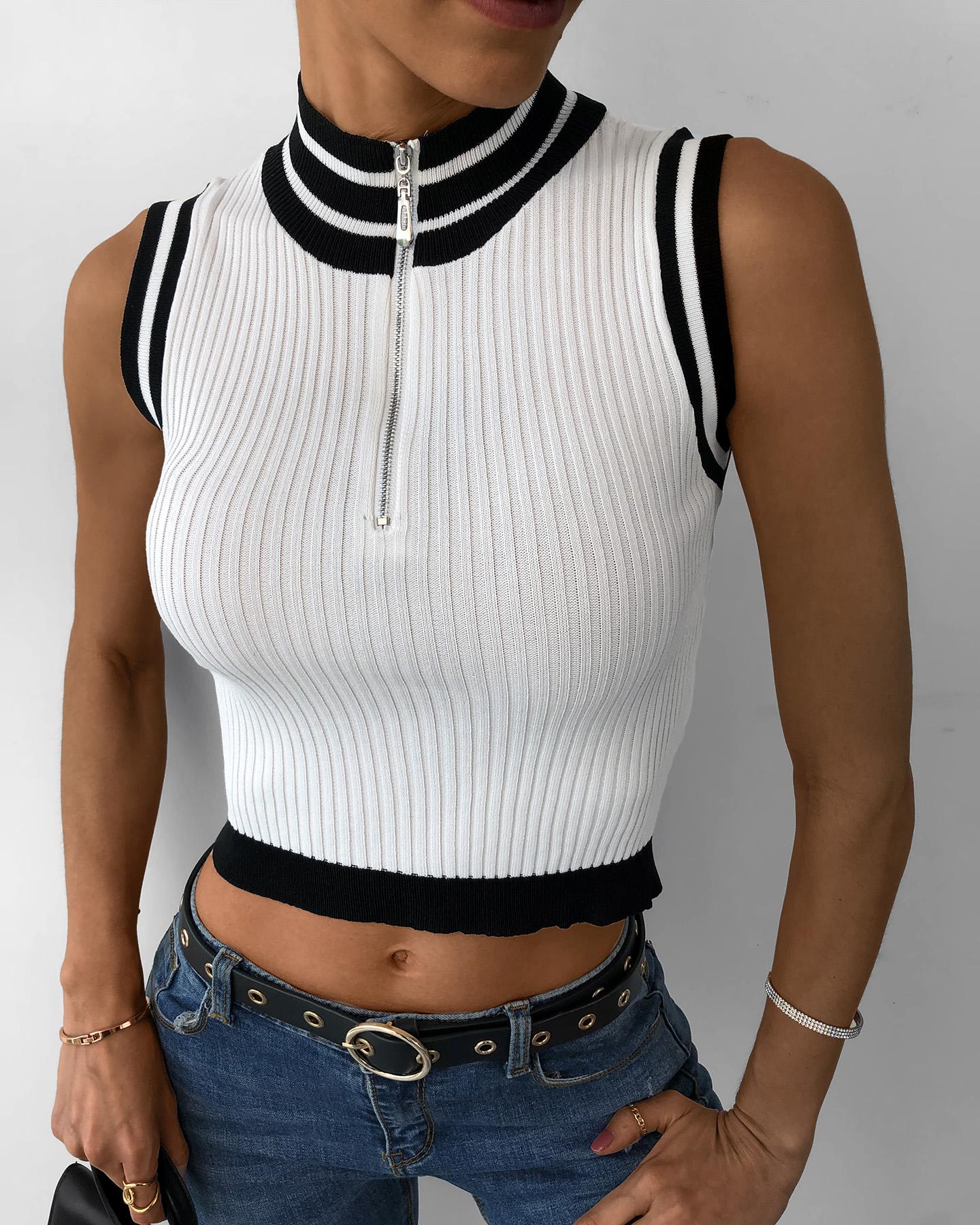

Colorblock Zipper Design Sleeveless Crop Top, White