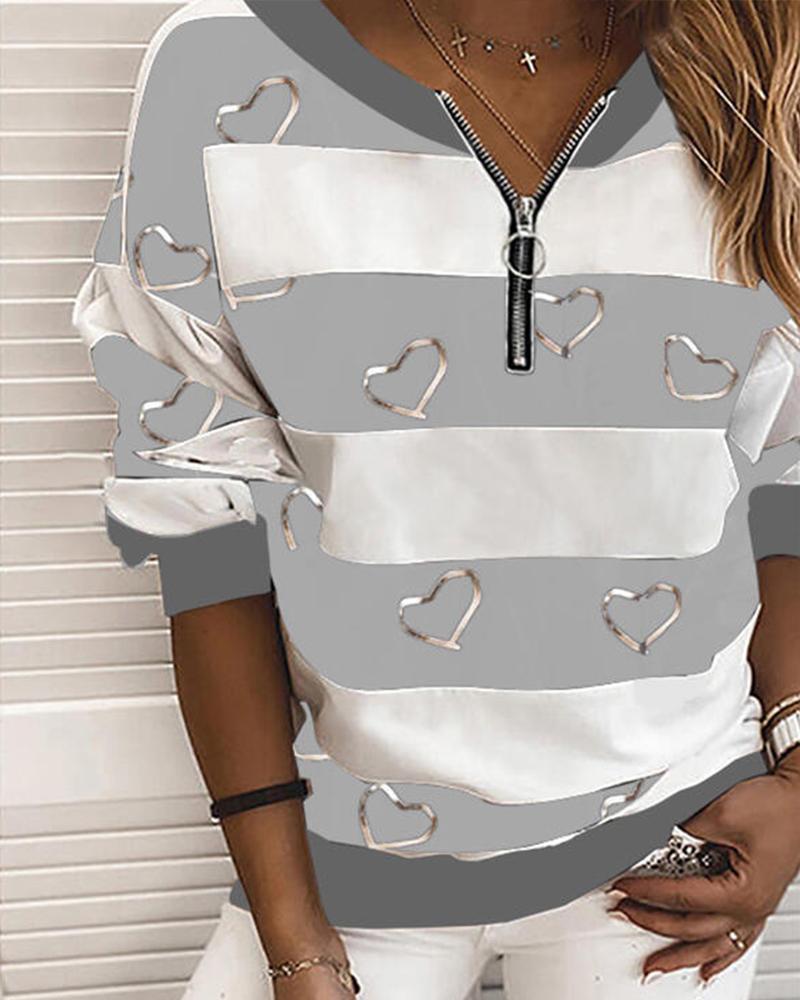 

Striped Heart Print Long Sleeve Sweatshirt, Gray