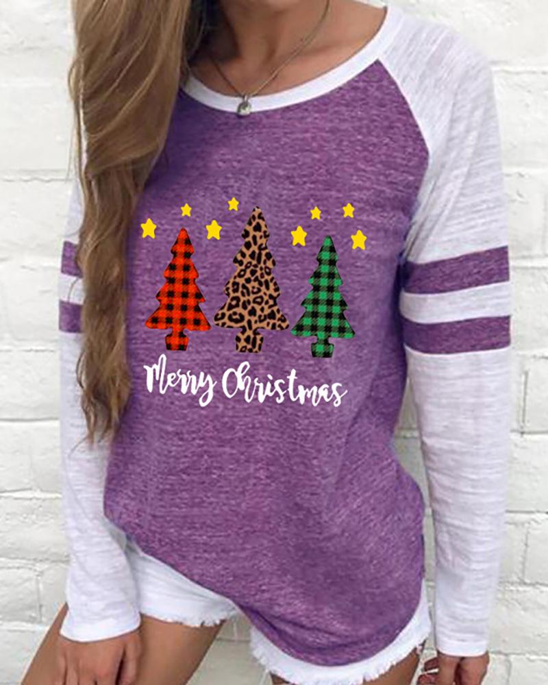 

Christmas Long Sleeve Casual Tree Print Sweatshirt, Purple