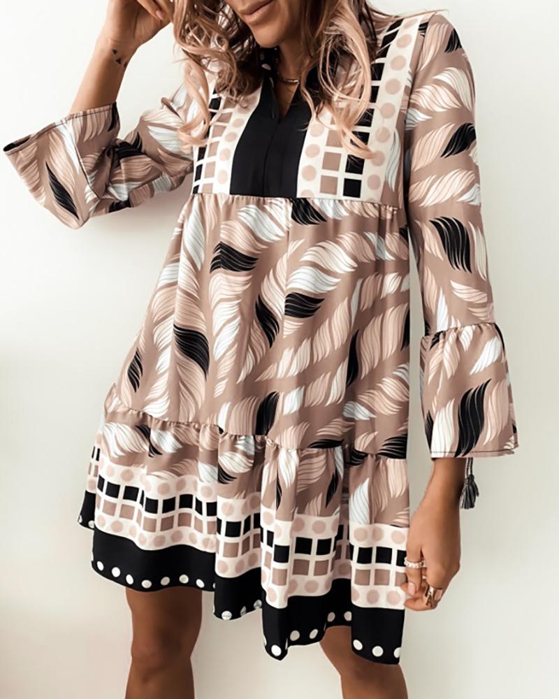 

All Over Print Long Sleeve Casual Dress, Coffee