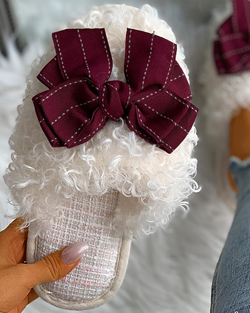 

Bowknot Decor Fluffy Slippers, Wine red