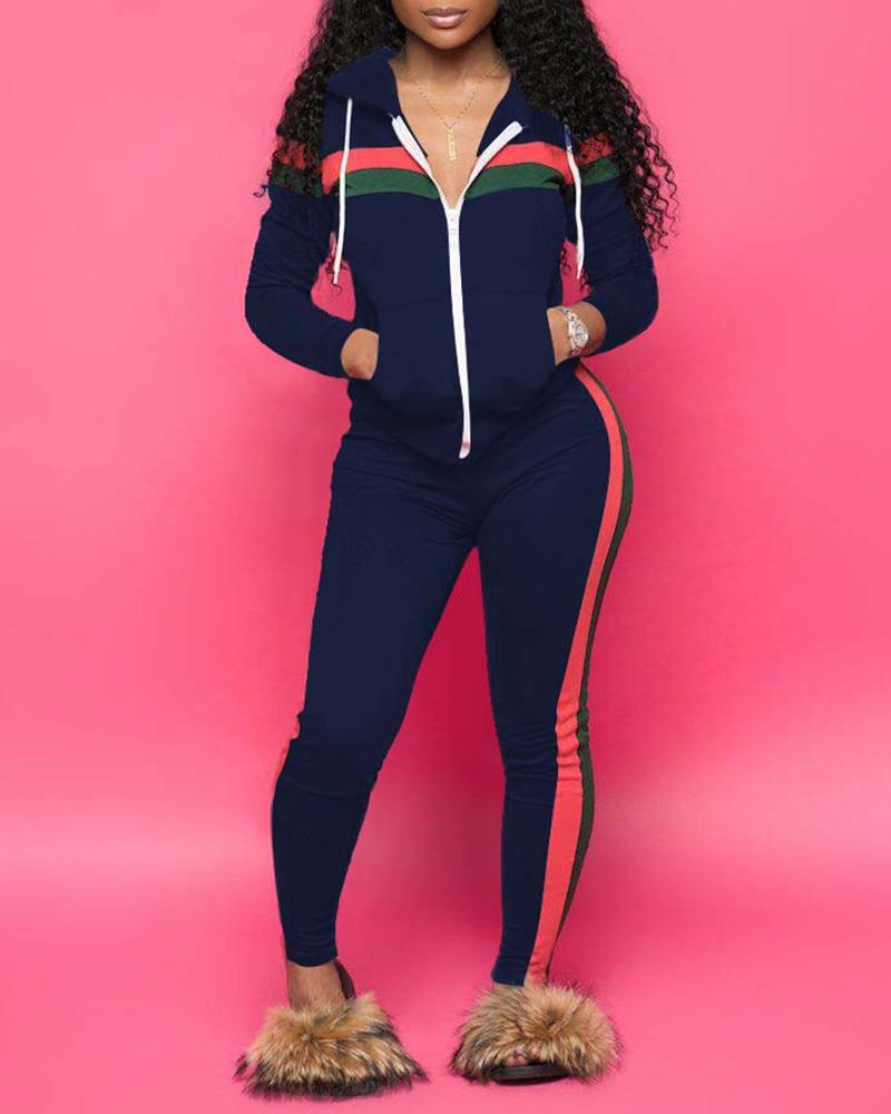 

Striped Colorblock Zip Front Hooded Top & Pants Set, Dark blue