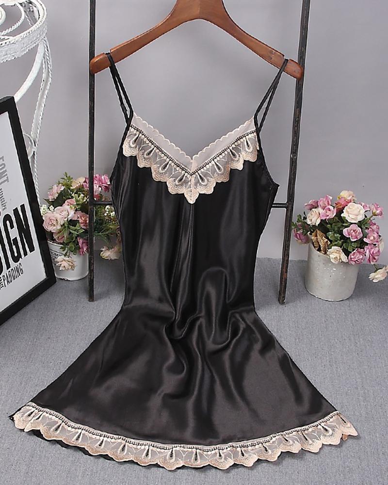 

Spaghetti Strap Lace Trim Satin Sleepwear Cami Dress, Black