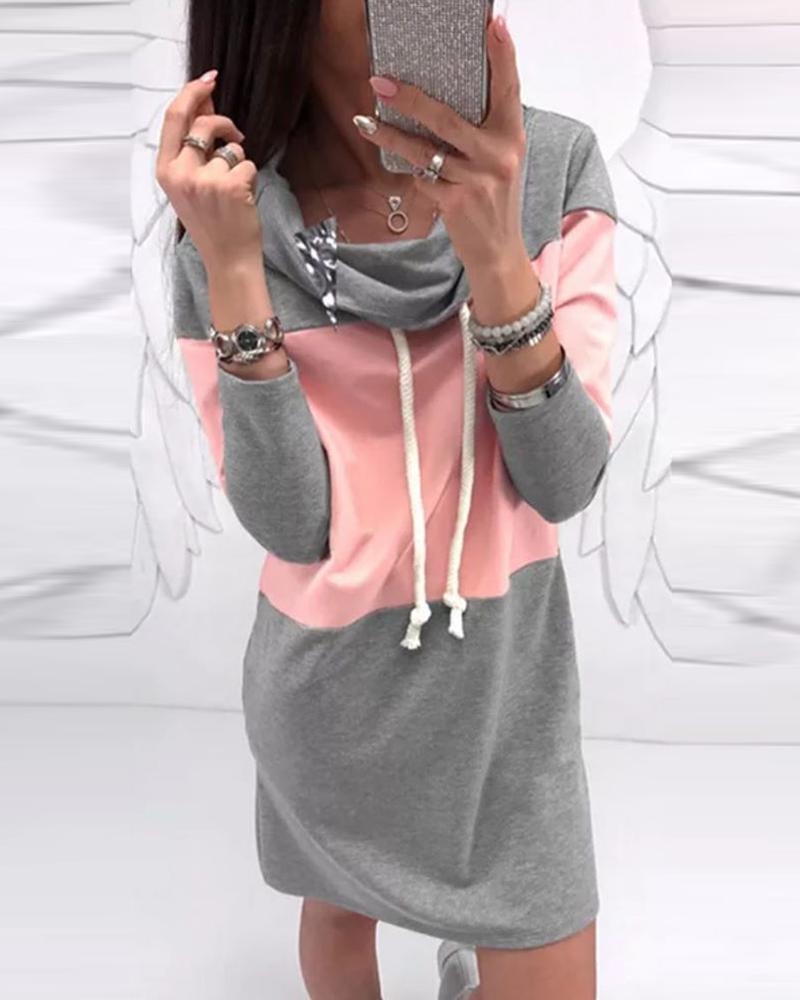 

Drawstring Colorblock Long Sleeve Women Dress, Gray