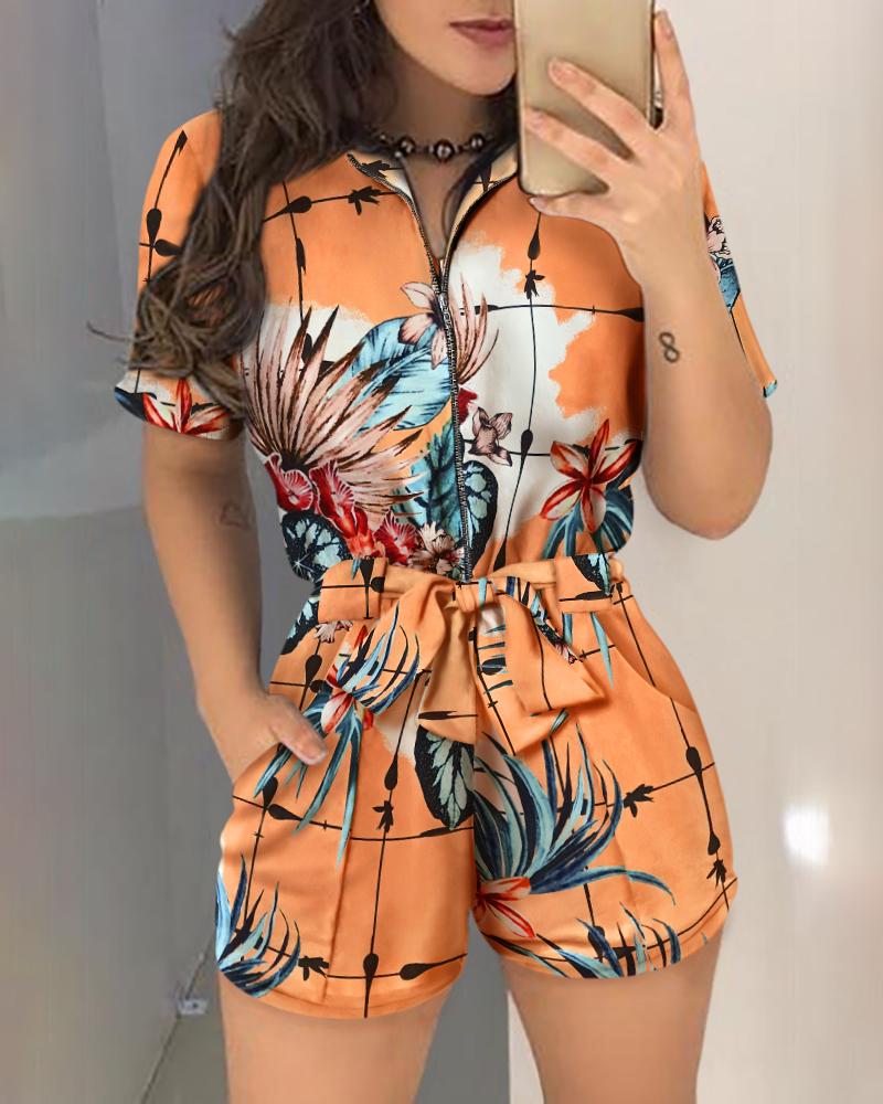 

Plant Print Zipper Design Romper, Orange