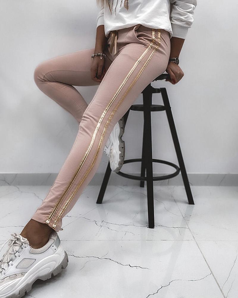 

High Waist Striped Tape Skinny Pants, Pink