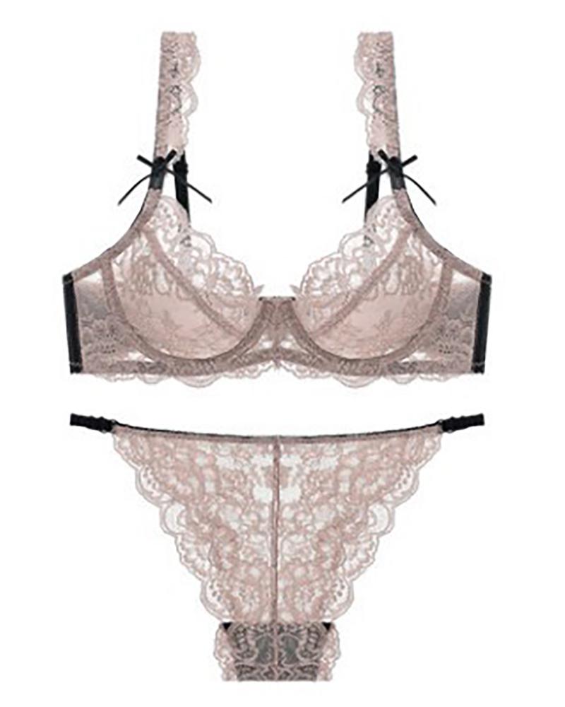 

Crochet Lace Sheer Mesh Lingerie Set, Coffee