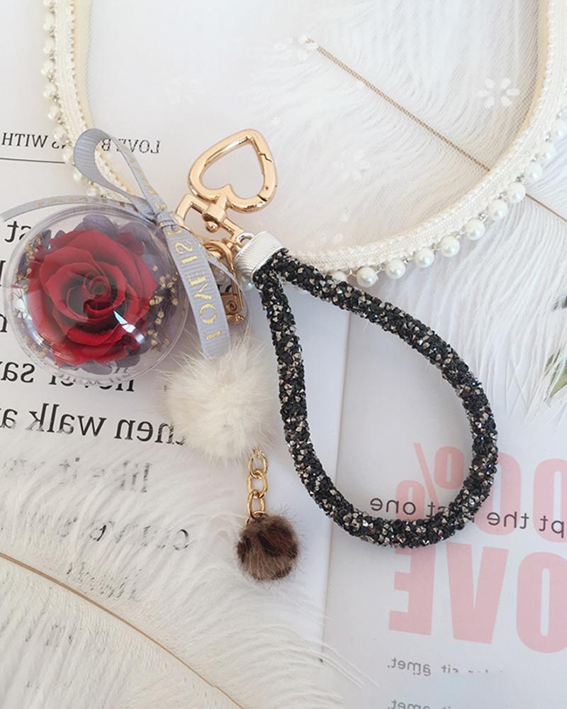 

Pom Pom Transparent Ball Eternal Rose Keychain, Red