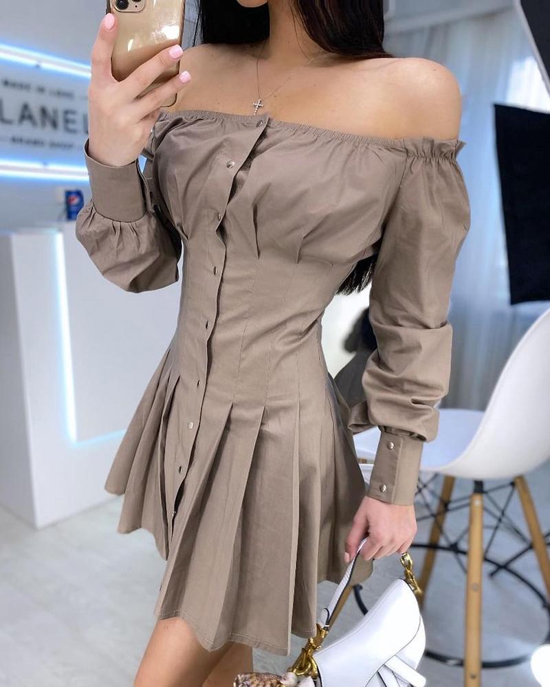 

Off Shoulder Long Sleeve Dress, Khaki