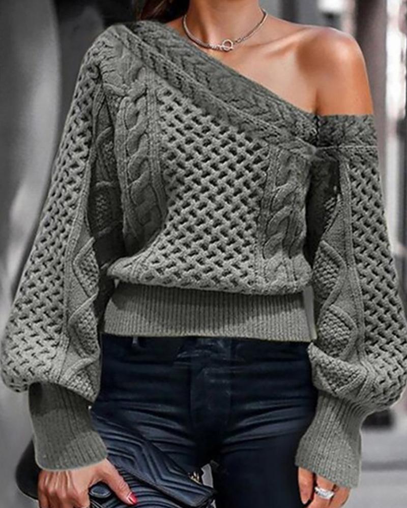 

Plain Cable Knit Lantern Sleeve Knit Sweater, Gray