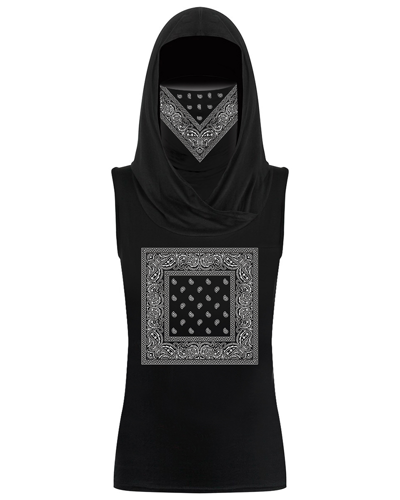 

Paisley Print Hooded Tank Top With Ear Loop Face Bandana, Black