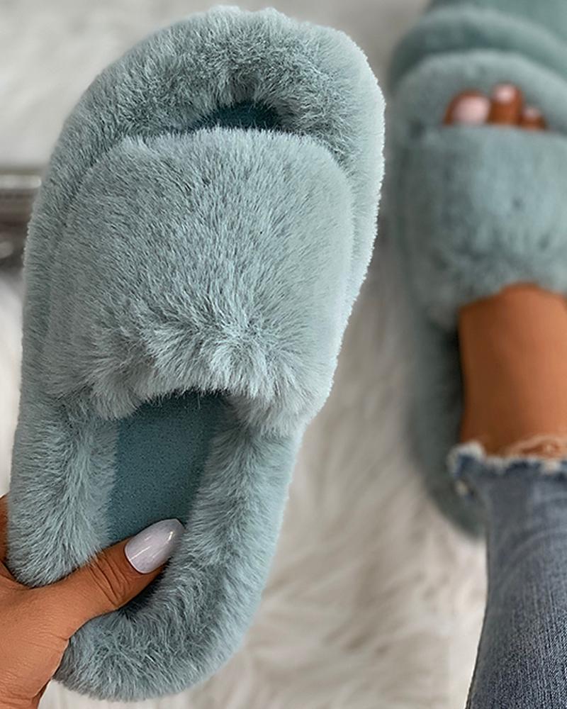 

Plain Peep Toe Fluffy Slippers, Light blue