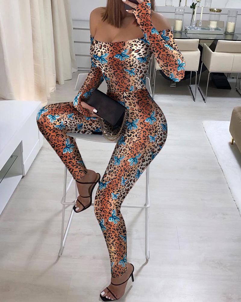 

Butterfly Cheetah Print Off Shoulder Jumpsuit, Leopard