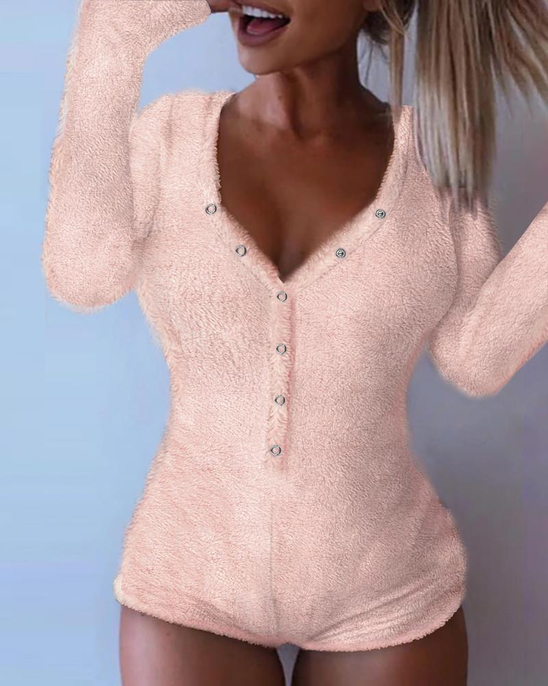 

Plain Long Sleeve Button Design Fluffy Romper, Pink