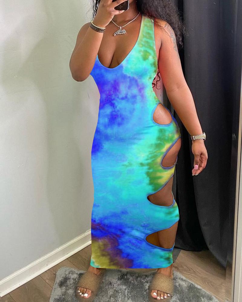 

Tie Dye Print Cutout Thick Strap Maxi Dress, Green