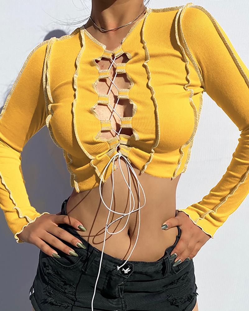

Lace Up Long Sleeve Crop Top, Yellow