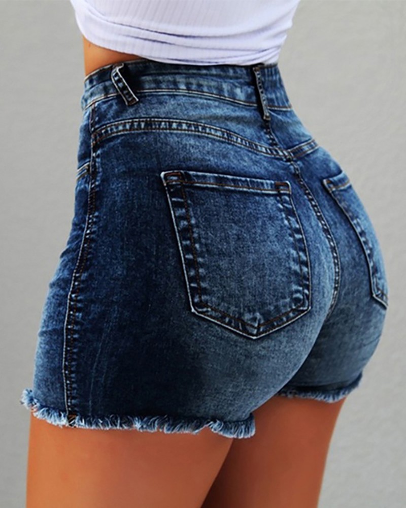 High Waist Fringe Hem Casual Denim Shorts